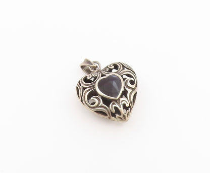 925 Sterling Silver Vintage Pendant Onyx Open Scrollwork Love Heart  PT26544