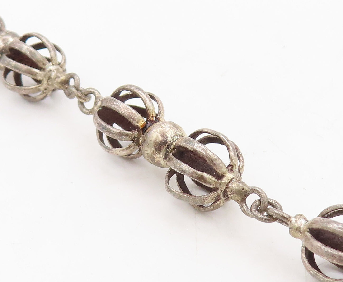 925 Sterling Silver Vintage Necklace Designer Cutout Dark Tone Beads  NE4428