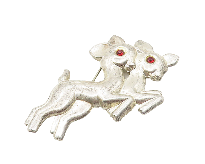 925 Sterling Silver  Vintage Red Topaz Prancing Baby Deer Brooch Pin  BP6719