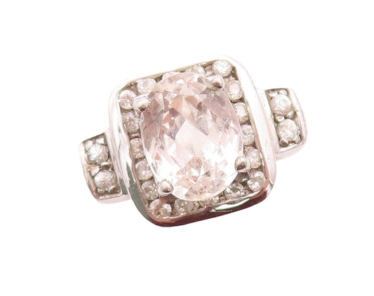 925 Sterling Silver Vintage Ring Oval Cut Halo Topaz Square Inlay  Sz 7  RG31620