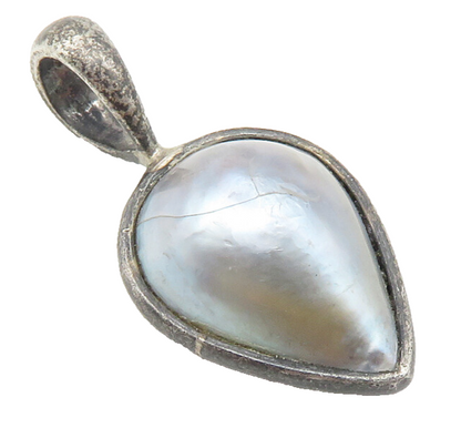 925 Sterling Silver  Vintage Blue Mother Of Pearl Dark Tone Pendant  PT9466