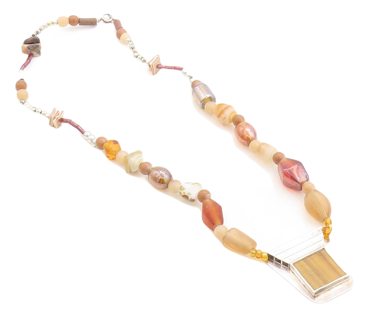 925 Silver  Vintage Tiger's Eye Agate & Carnelian Beaded Necklace  NE1886