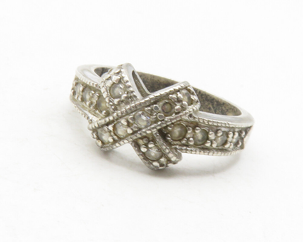 925 Sterling Silver  Vintage Topaz Crossover X Design Band Ring Sz 7  RG12099