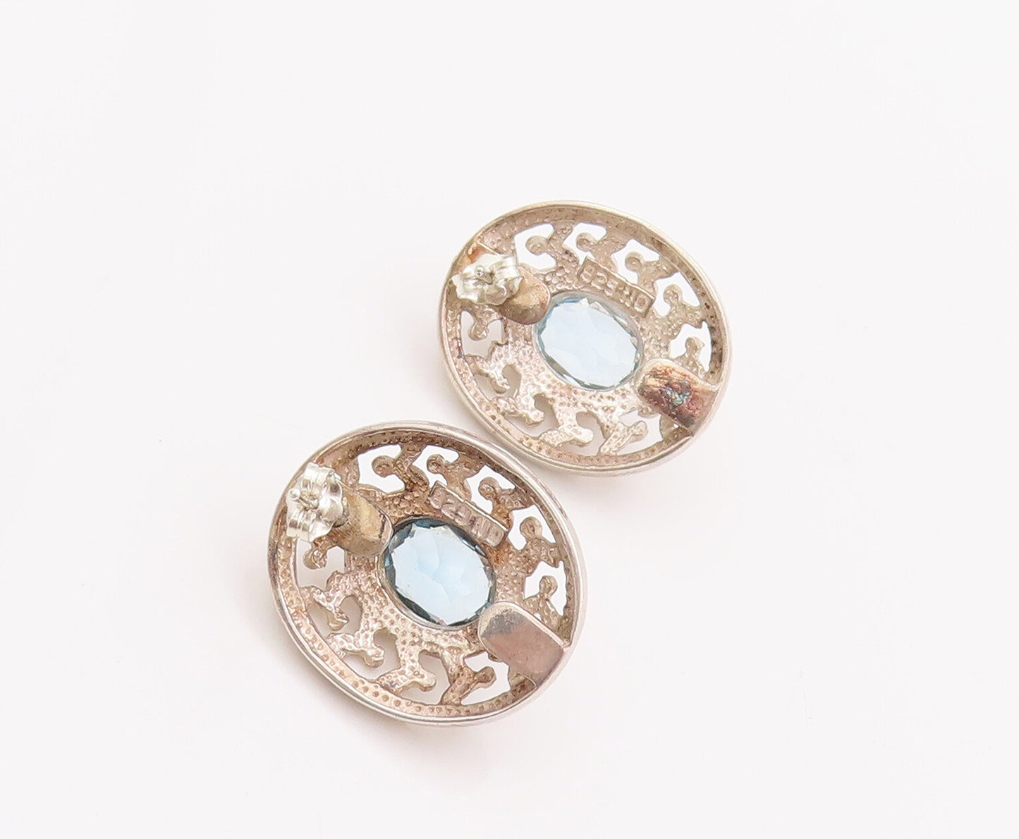 925 Sterling Silver Vintage Earrings Oval CZ Halo Swirly Carved Frame  EG12960