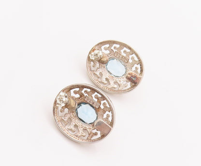 925 Sterling Silver Vintage Earrings Oval CZ Halo Swirly Carved Frame  EG12960