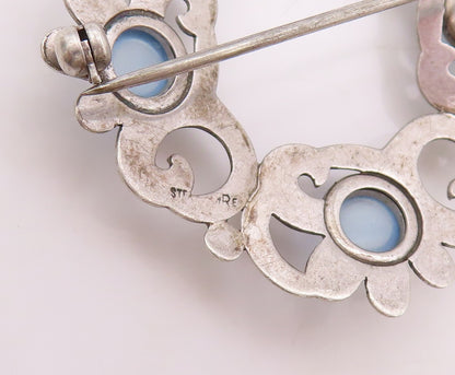 925 Sterling Silver Vintage Brooch Pin Swirly Carved Cat's Eye Wreath  BP11156