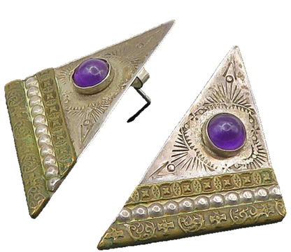925 Sterling Silver Vintage Amethyst Two Tone NAVAJO  Drop Earrings  EG11168