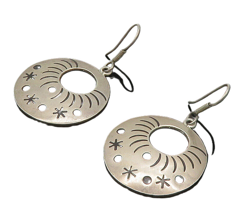 MEXICO 925 Sterling Silver  Vintage Patterned Circle Dangle Earrings  EG7978