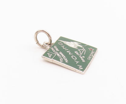 925 Sterling Silver Vintage Pendant Green Enameled Wyoming State Charm  PT24979
