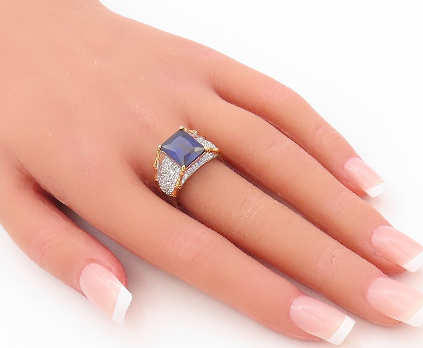 925 Sterling Silver Vintage Ring Gold Plated Designer Sapphire CZ  Sz 7  RG30196