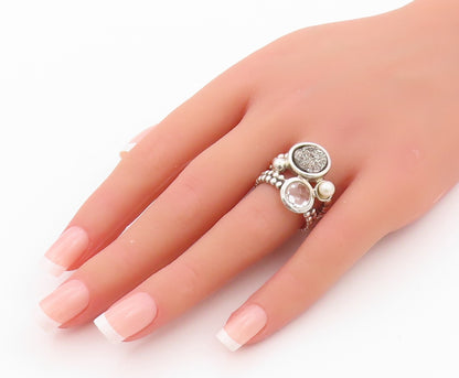 925 Sterling Silver Vintage Ring MICHAEL DAWKINS Drusy Quartz Pearl SZ 7 RG32191