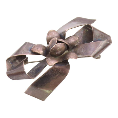 RAFFAELE 925 Sterling Silver  Vintage Oxidized Floral Bow Brooch Pin  BP4693