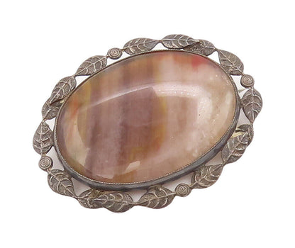 925 Sterling Silver Vintage Brooch Pin Gemstone Halo Carved Leaf Frame  BP10867