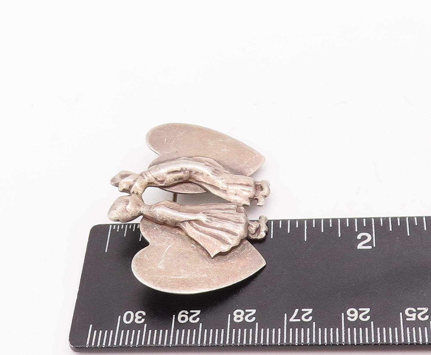 925 Sterling Silver Vintage Brooch Pin Kissing Lover With Carved Hearts  BP10986