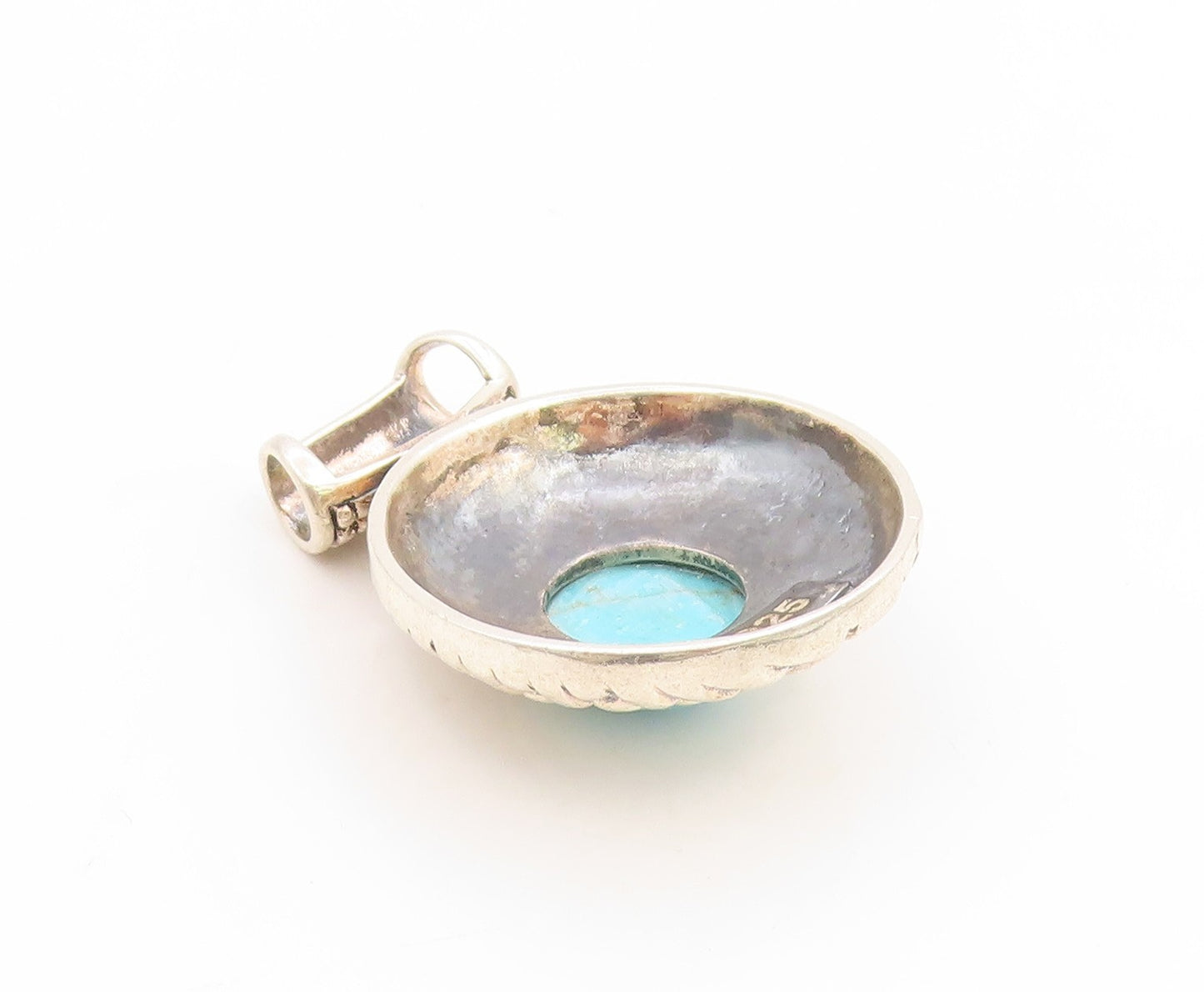 925 Sterling Silver Vintage Pendant Round Turquoise Brick Line Design  PT25826
