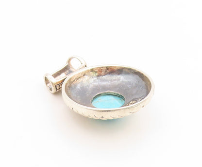 925 Sterling Silver Vintage Pendant Round Turquoise Brick Line Design  PT25826