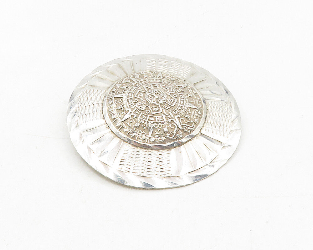 MEXICO 925 Sterling Silver  Vintage Mayan Aztec Sun Calendar Brooch Pin BP3744