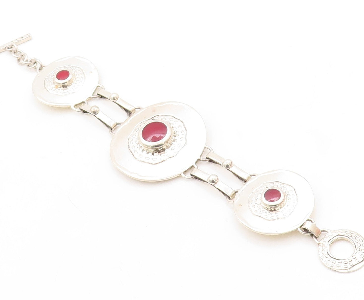 925 Sterling Silver Vintage Bracelet Round Brutalist Gemstone Inlay  BT10892