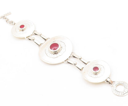 925 Sterling Silver Vintage Bracelet Round Brutalist Gemstone Inlay  BT10892