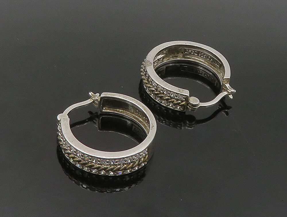 925 Sterling Silver  Vintage White Topaz Two Tone Twist Hoop Earrings  EG11512