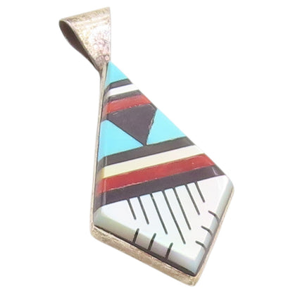 925 Sterling Silver Vintage Pendant NAVAJO ZUNI Gemstone Geometric Inlay PT26424