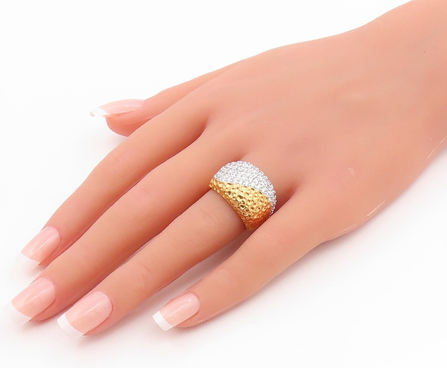 925 Sterling Silver Vintage Ring Gold Plated CZ Cluster Wave Band  Sz 7  RG35719