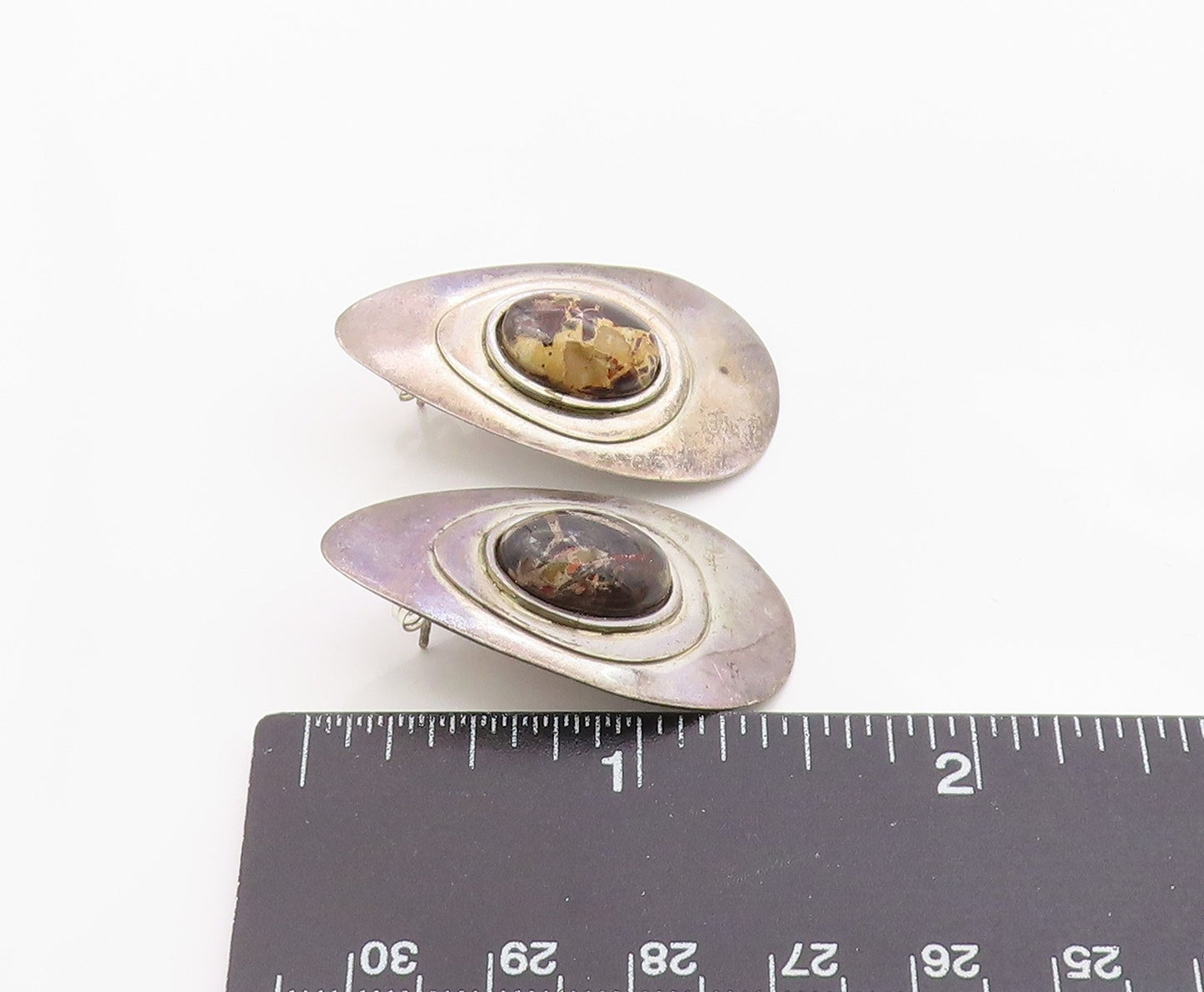 925 Sterling Silver Vintage Earrings Modernist Agate Teardrop Studs  EG14378