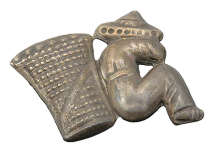 MEXICO 925 Sterling Silver  Vintage Dark Tone Sitting Man Brooch Pin  BP5009