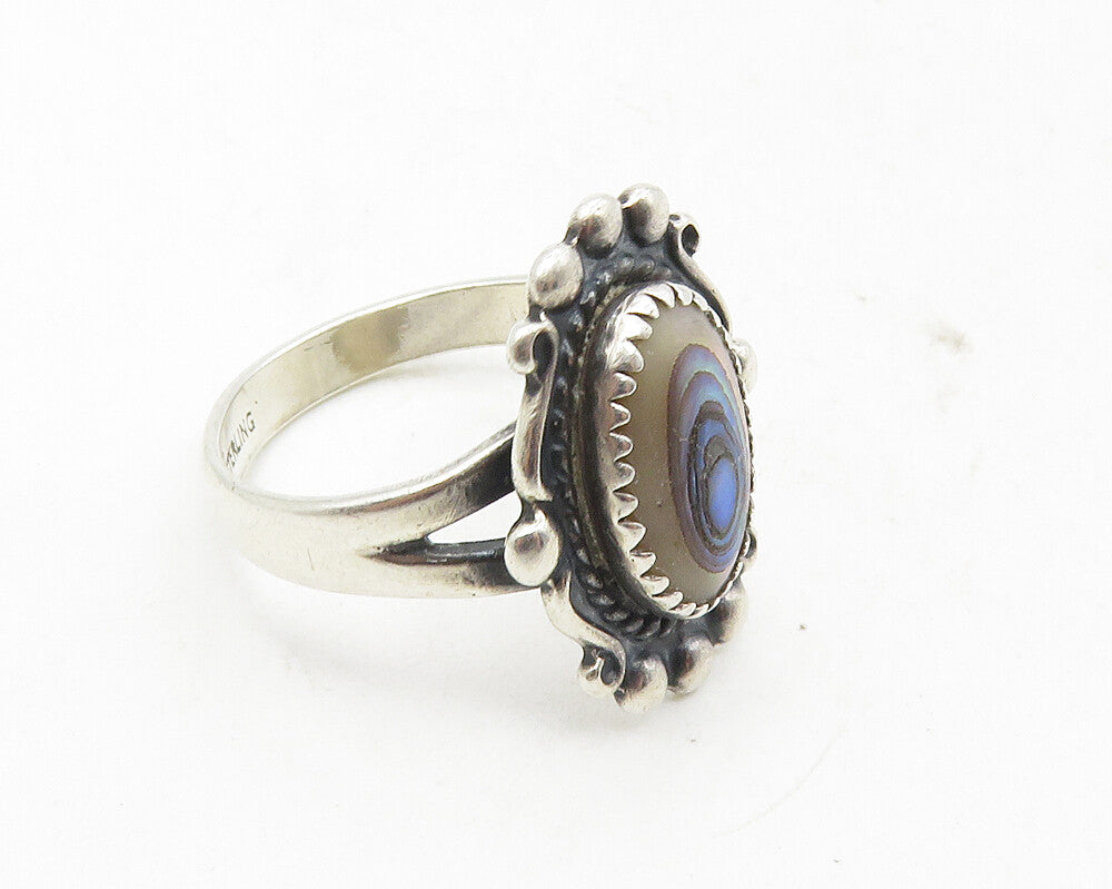 POST BELL TRADING 925 Silver  Vintage Abalone Shell Cocktail Ring Sz 6  RG9775