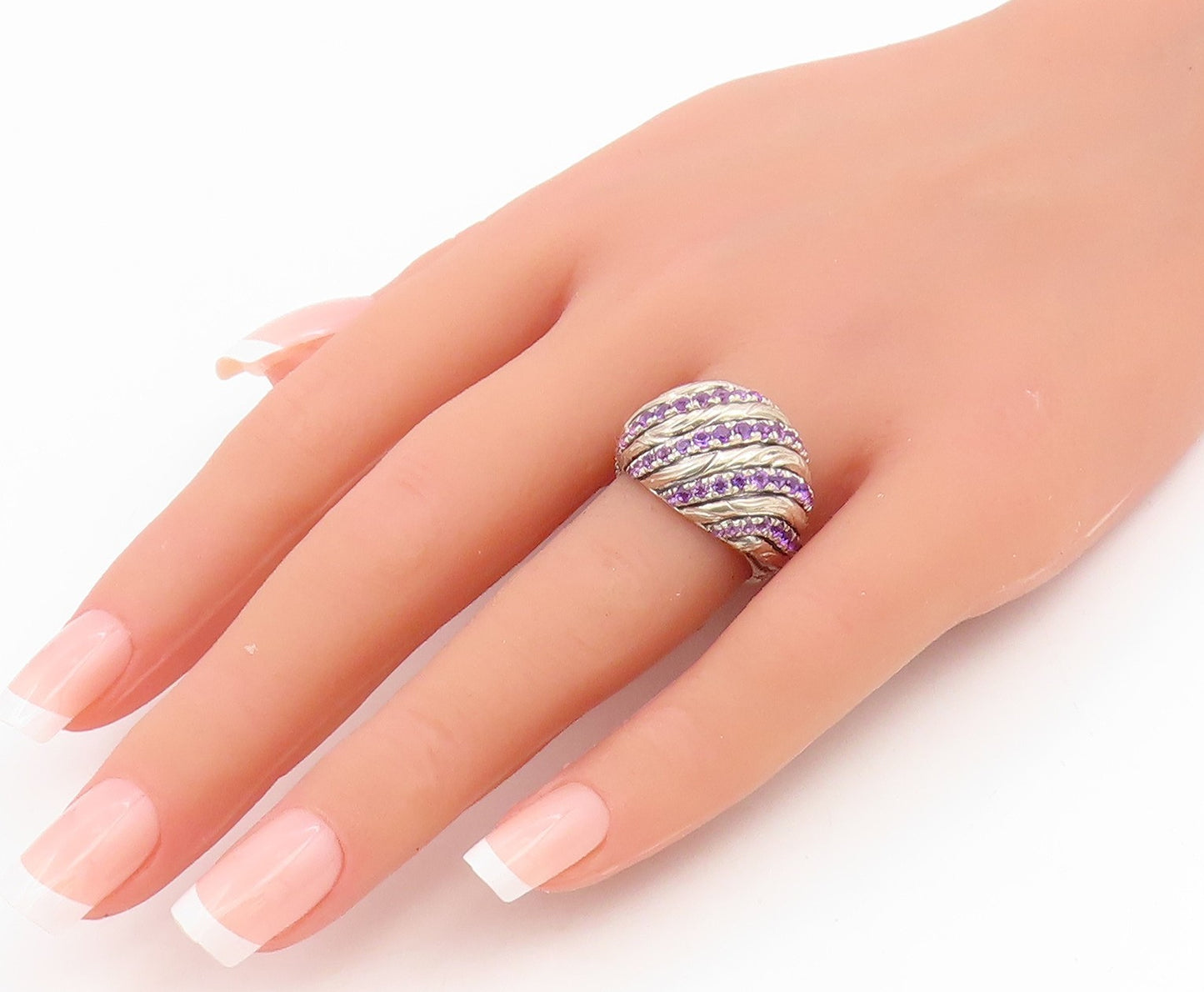 925 Sterling Silver Vintage Ring Modernist Amethyst Wavy Dome Band Sz 7 RG34979