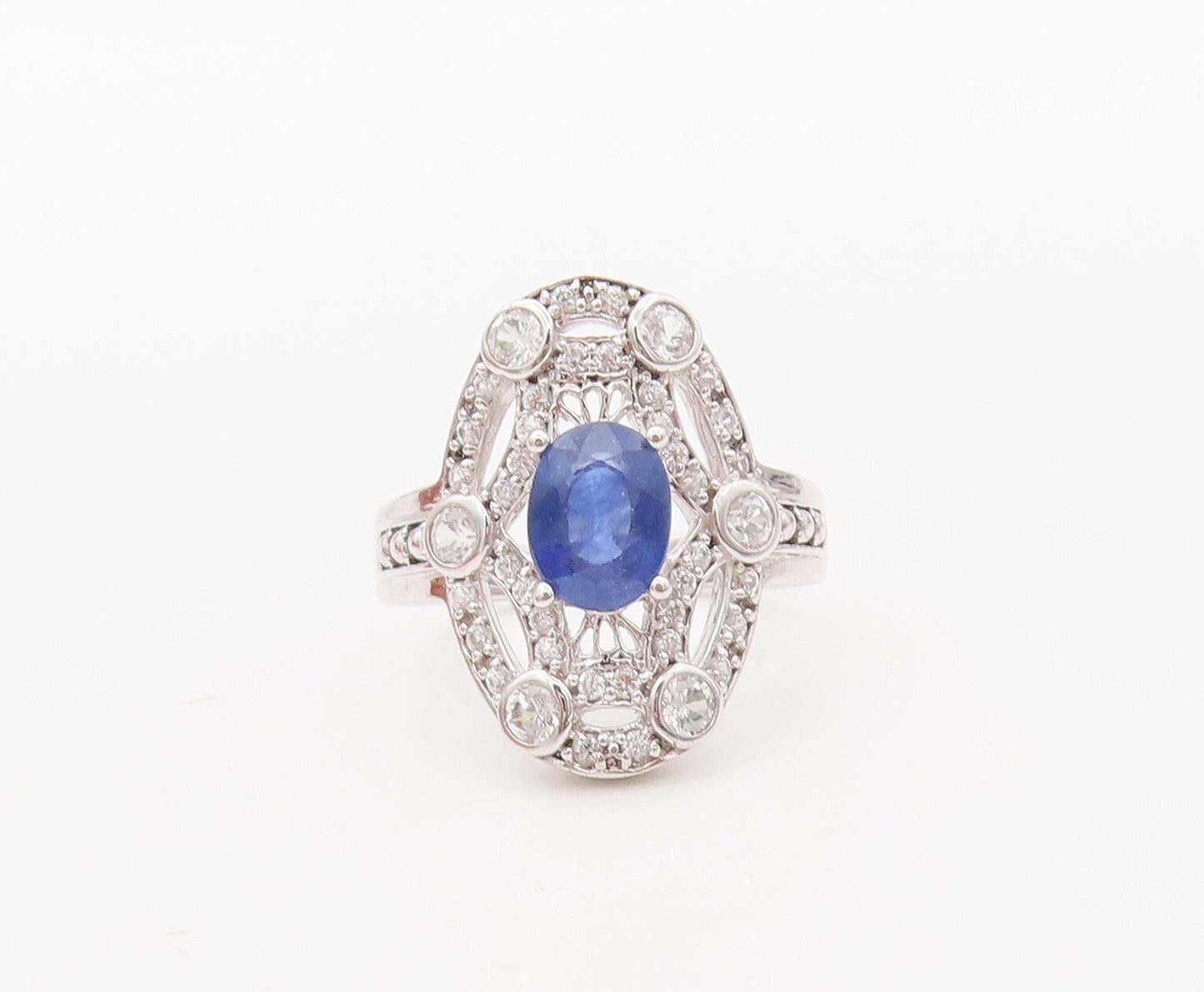 925 Sterling Silver Vintage Ring Spider Web Cutout CZ & Sapphire  Sz 7  RG30609