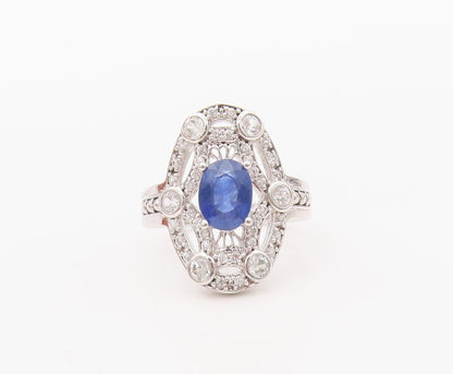 925 Sterling Silver Vintage Ring Spider Web Cutout CZ & Sapphire  Sz 7  RG30609
