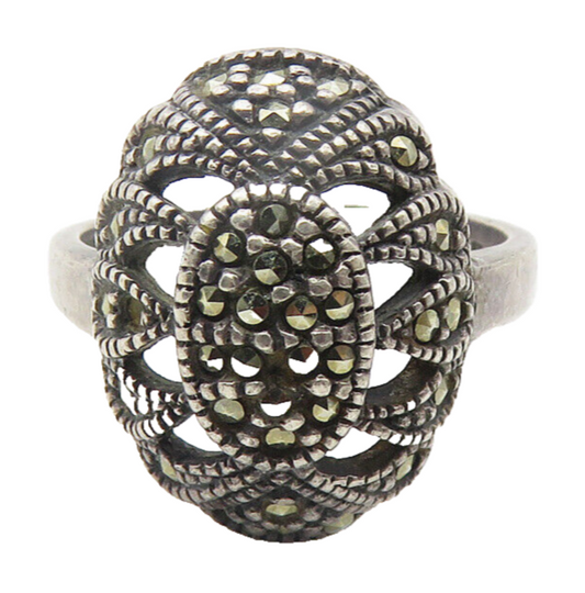 925 Sterling Silver  Vintage Marcasite Cutout Dome Cocktail Ring Sz 7  RG11491
