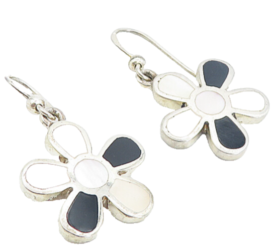 925 Silver  Vintage Mother Of Pearl & Black Onyx Flower Dangle Earrings EG3783