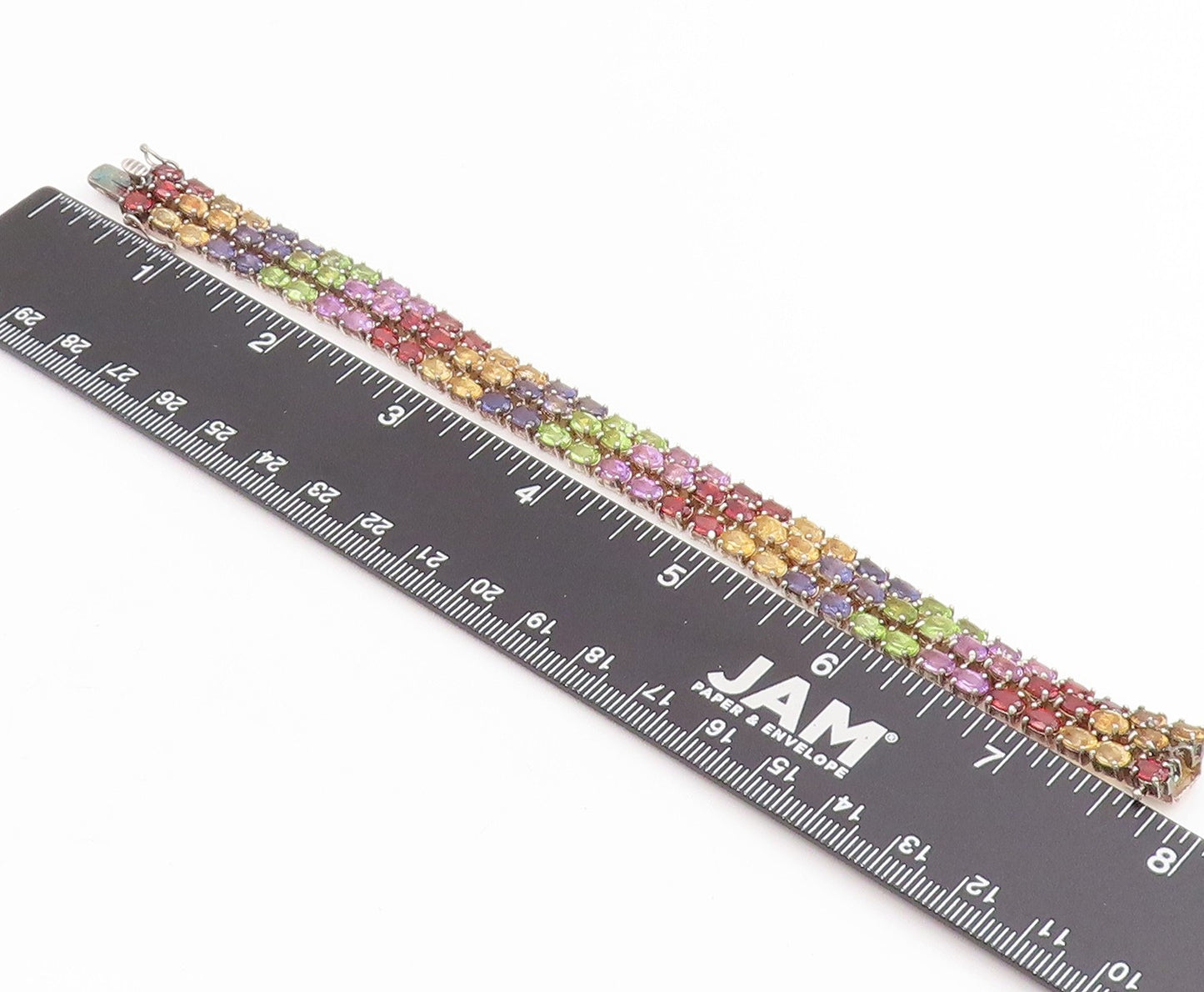 925 Sterling Silver Vintage Bracelet Oval Cut Multi Gemstone Triple Row  BT11689