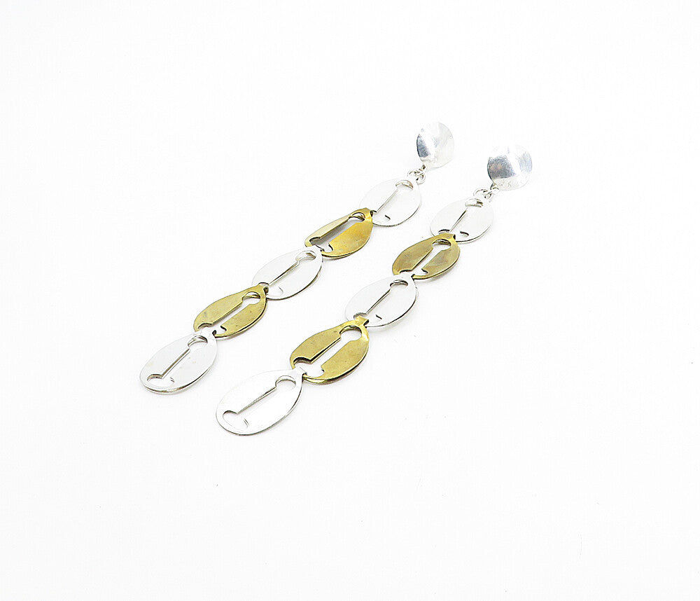MEXICO 925 Sterling Silver  Vintage Shiny 2 Tone Link Dangle Earrings  EG4468