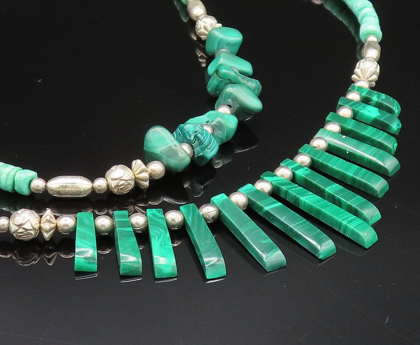 925 Silver  Vintage Two Strand Malachite & Floral Beads Necklace  NE4012