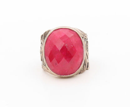 925 Sterling Silver Vintage Ring Swirly Carved Oval Red Gemstone  Sz 6.5 RG30220