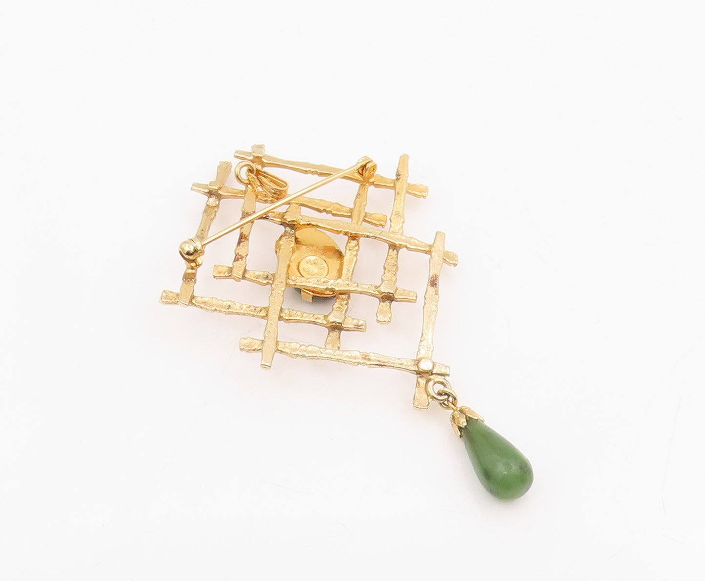 925 Sterling Silver Vintage Brooch Gold Plated Jade Bamboo Lattice Pin  BP12235