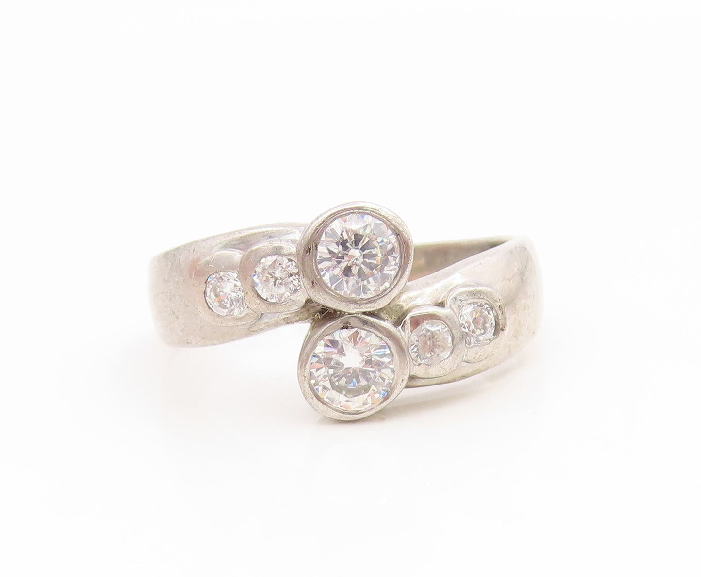 925 Sterling Silver Vintage Ring Round CZ Elegant Bypass Band  Sz 7.5  RG35079