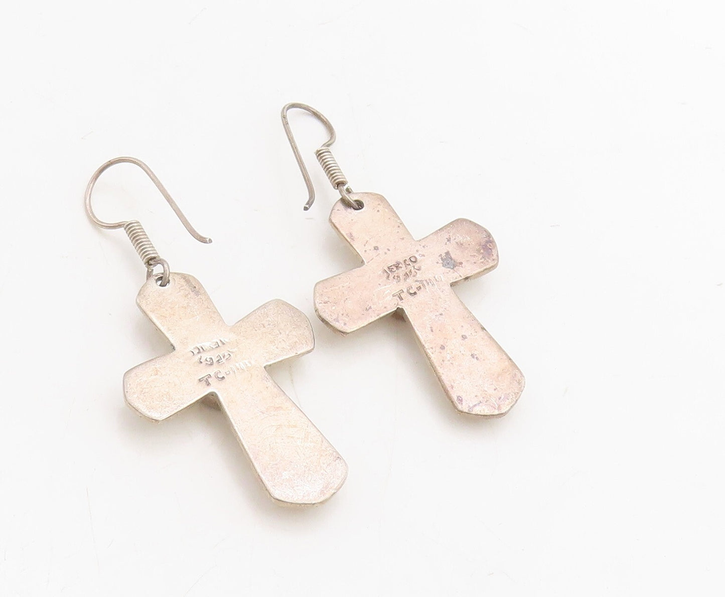 925 Sterling Silver Vintage Earrings MEXICO Larimar Grooved Cross  EG13280