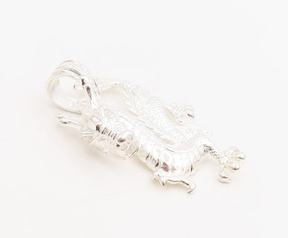 925 Sterling Silver Vintage Pendant Round CZ Textured Chinese Dragon  PT25425