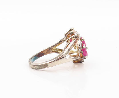 925 Sterling Silver Vintage Ring Swirly Floral Carved Ruby & CZ  Sz 7  RG30175