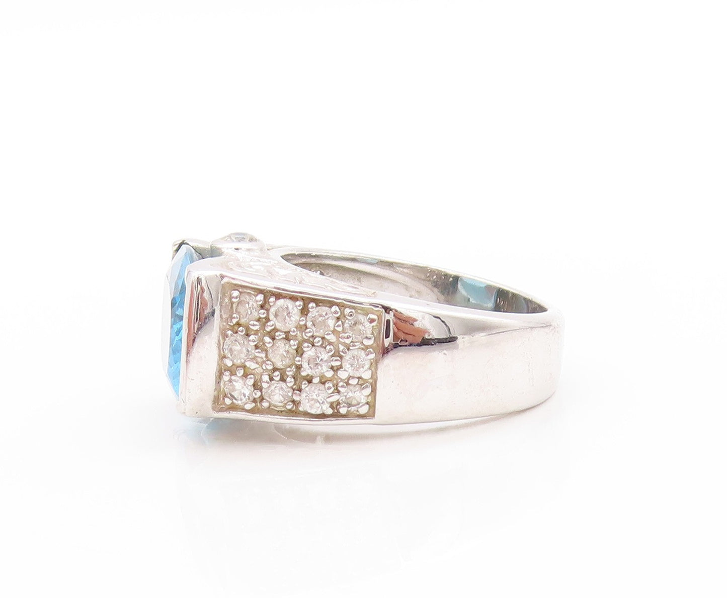 925 Sterling Silver Vintage Ring Designer Rectangle Blue & White CZ Sz 7 RG32892