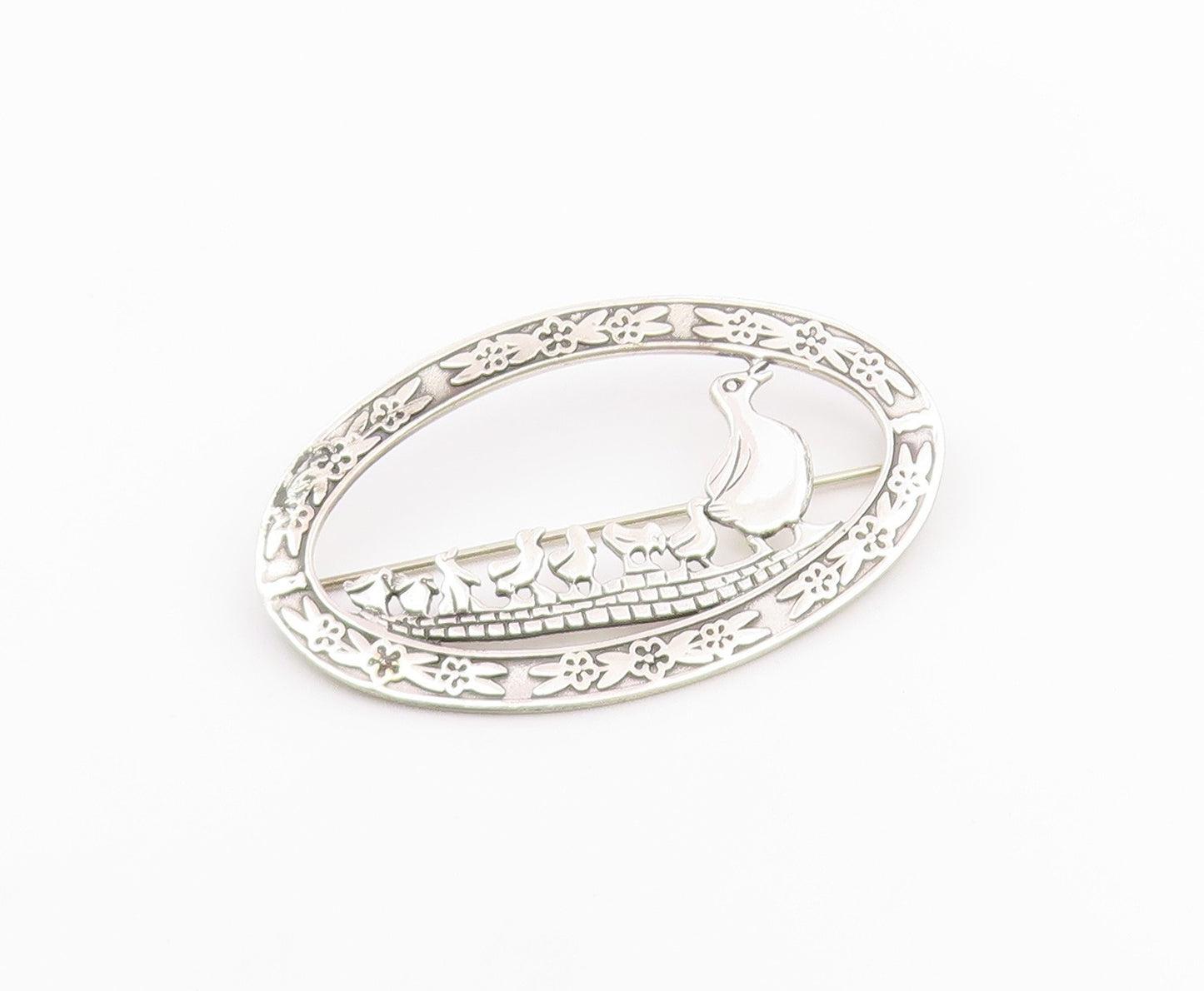 MIA 925 Sterling Silver  Vintage Mom & Baby Ducks Floral Brooch Pin  BP6755