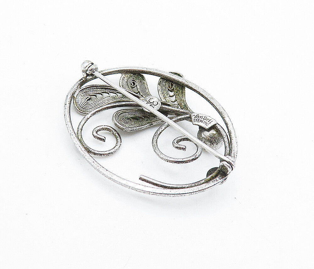 VAN DELL 925 Sterling Silver  Vintage Filigree Floral Swirl Brooch Pin  BP2526