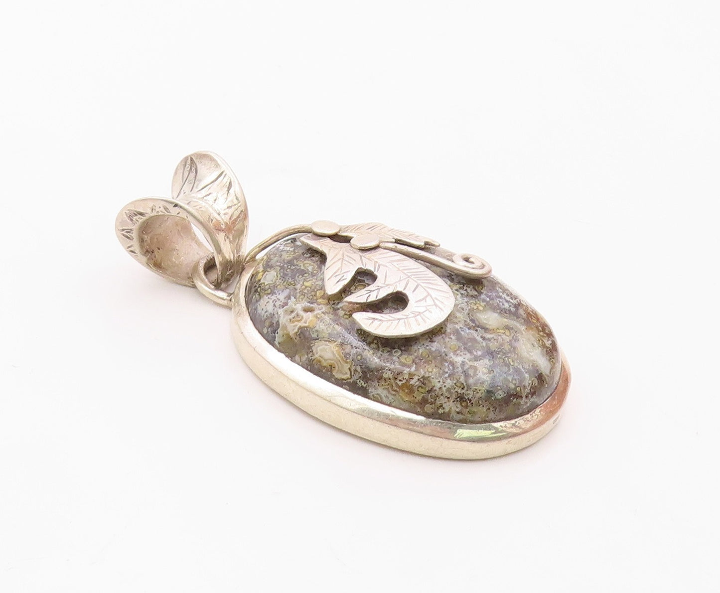 925 Sterling Silver  Vintage Cabochon Cut Jasper Floral Leaf Pendant  PT7915