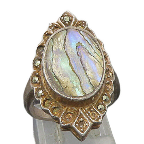 925 Sterling Silver  Vintage Abalone & Marcasite Cocktail Ring Sz 5.5  RG21229