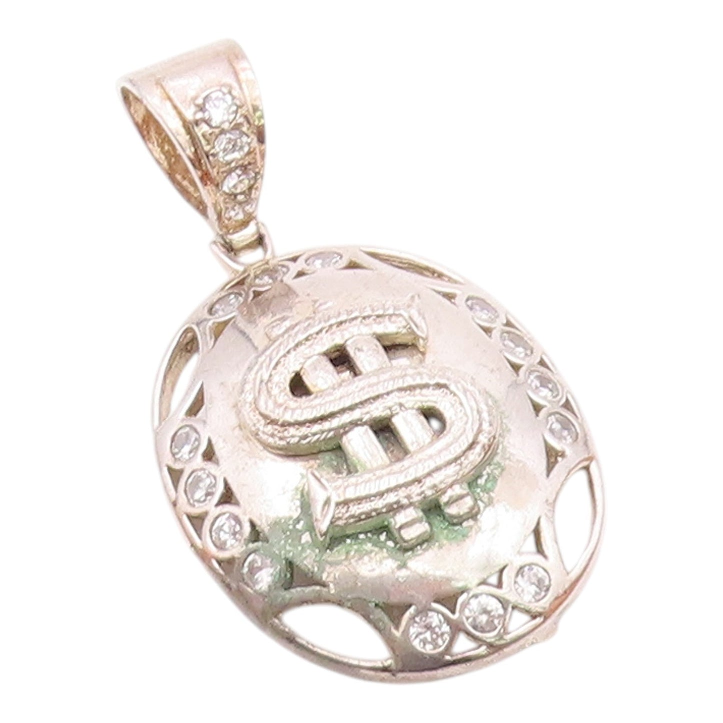 925 Sterling Silver  Vintage Shiny Topaz Dollar Sign Drop Pendant  PT18978