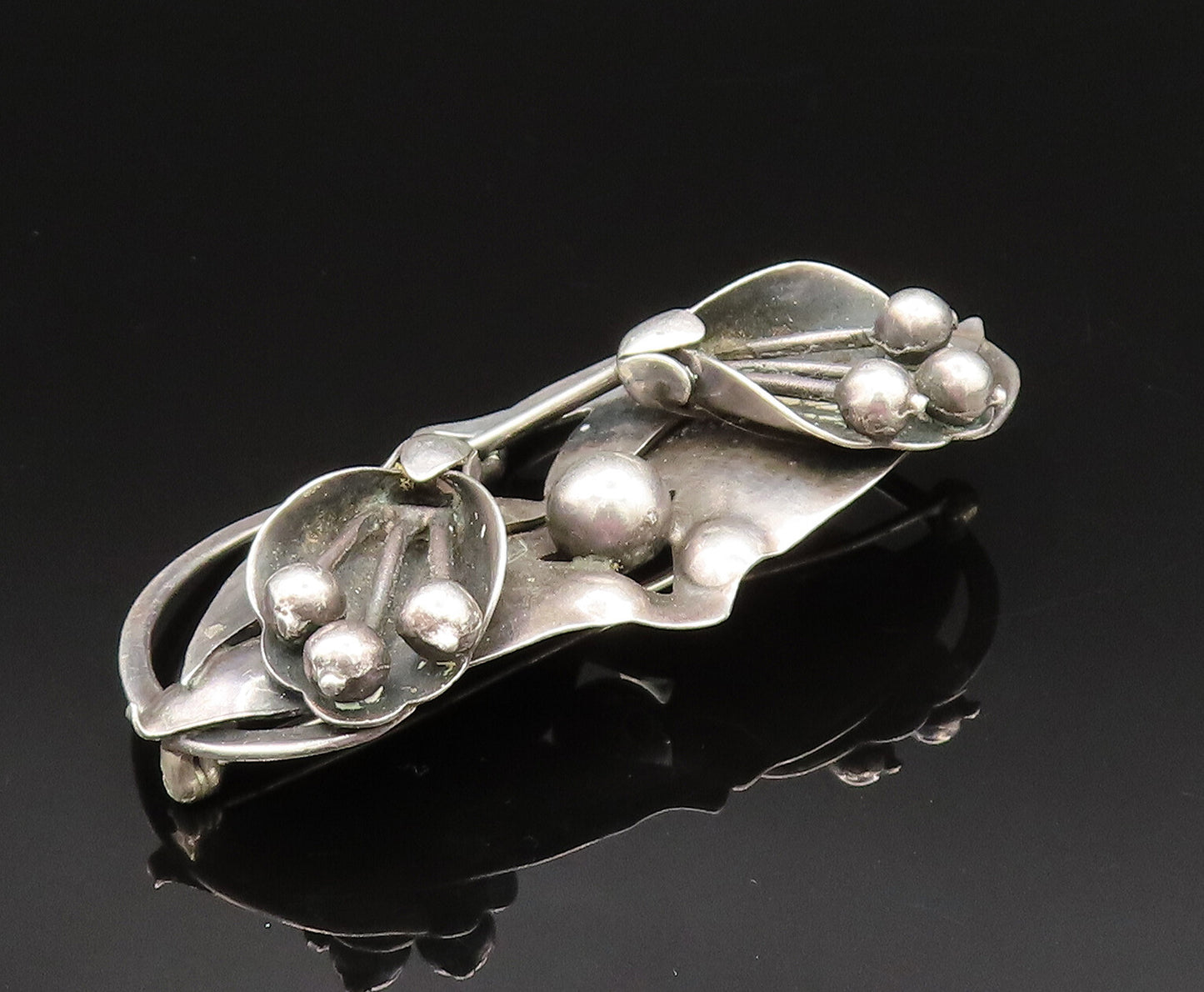 925 Sterling Silver  Vintage Antique Hammered Double Flower Brooch Pin  BP9624